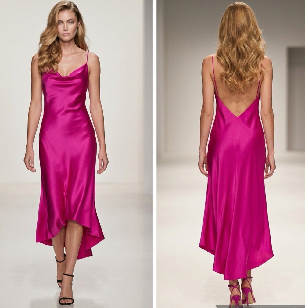 VTG Y2K Lauren Ralph Lauren Sz 4 100% Silk Slip Bias Cut Midi Dress Magenta Pink